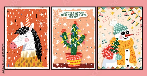 Obraz Vector retro posters in cartoon style hand-drawn on the theme of New Year and Christmas greeting cards with kind greetings