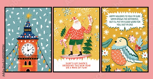 Obraz Vector retro posters in cartoon style hand-drawn on the theme of New Year and Christmas greeting cards with kind greetings
