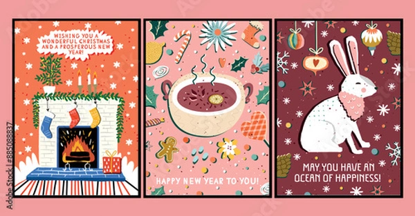 Obraz Vector retro posters in cartoon style hand-drawn on the theme of New Year and Christmas greeting cards with kind greetings