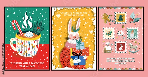 Obraz Vector retro posters in cartoon style hand-drawn on the theme of New Year and Christmas greeting cards with kind greetings