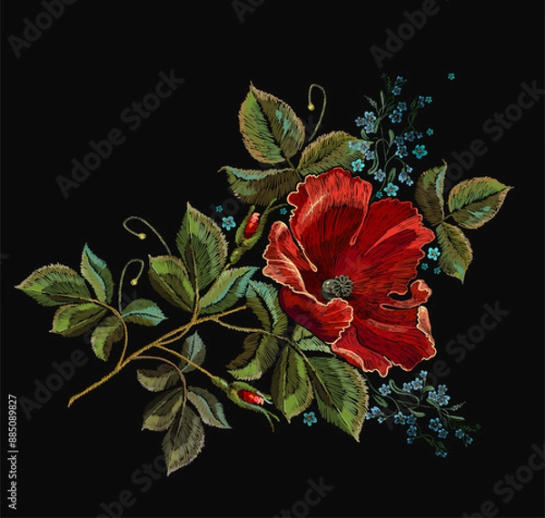 Fototapeta Red rose flowers. Embroidery floral style. Fashion garden template for clothes, t-shirt design