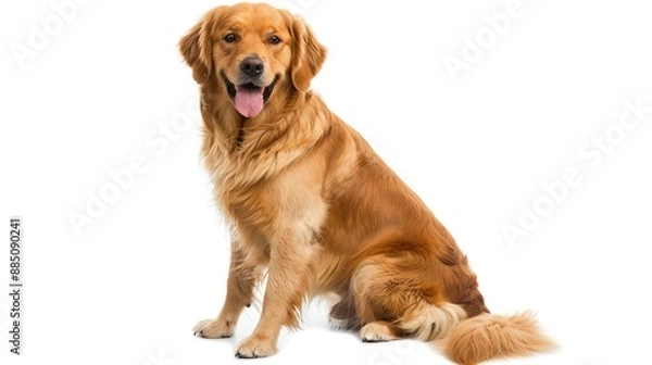 Fototapeta A Golden Retriever sitting and wagging its tail, isolated on a white background