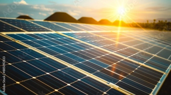 Fototapeta High-resolution image of solar panels reflecting sunlight, foreground showing coal mines, intense color palette, focus cover all object