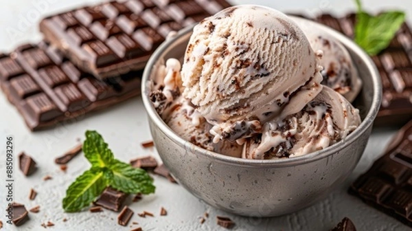 Fototapeta Scoops of creamy chocolate chip ice cream are placed in a rustic metal bowl, with fresh mint leaves and blocks of chocolate enhancing the inviting and delectable presentation.