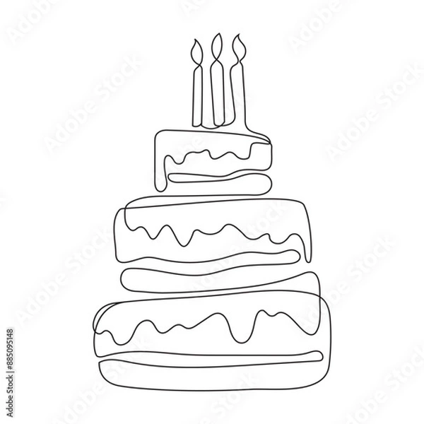 Obraz birthday cake with candles in one line style, one continuous line drawing, modern design element, isolated vector illustration on white background, template for logo, greeting cards, invitation,poster