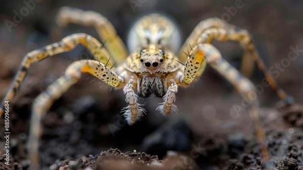 Fototapeta This image features a detailed close-up of a yellow spider on brown soil, focusing on its intricate patterns, hairy legs, and natural surroundings.