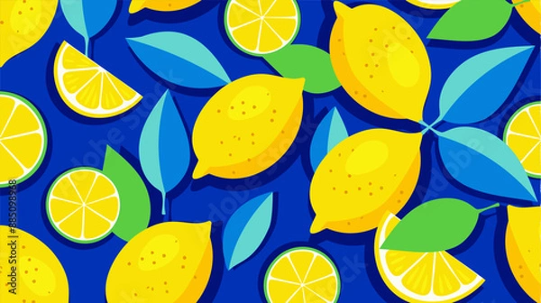 Fototapeta Cute bright lemon pattern background in yellow and blue tones. Slice of tropical fruits, fresh green leaves, yellow lemons on a blue background. Spring, summer conceptual background.