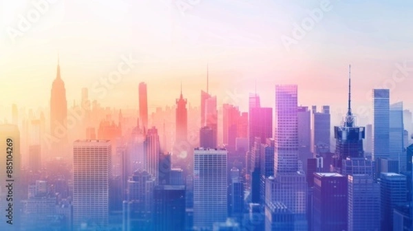 Fototapeta Manhattan Skyline at Sunset with Hazy Pink and Orange Hues