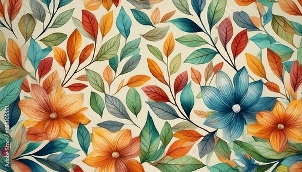 Fototapeta Illustration design watercolor floral art nature pattern background spring texture summer ornament wallpaper leaves 