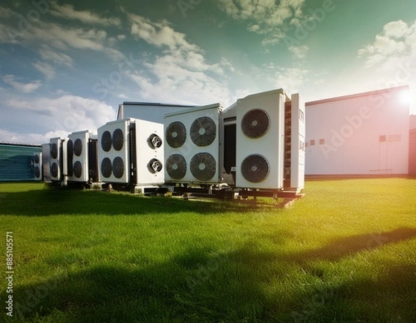 Fototapeta Industrial building with air conditioning units and green grass in front, urban business complex and nature landscape concept 
