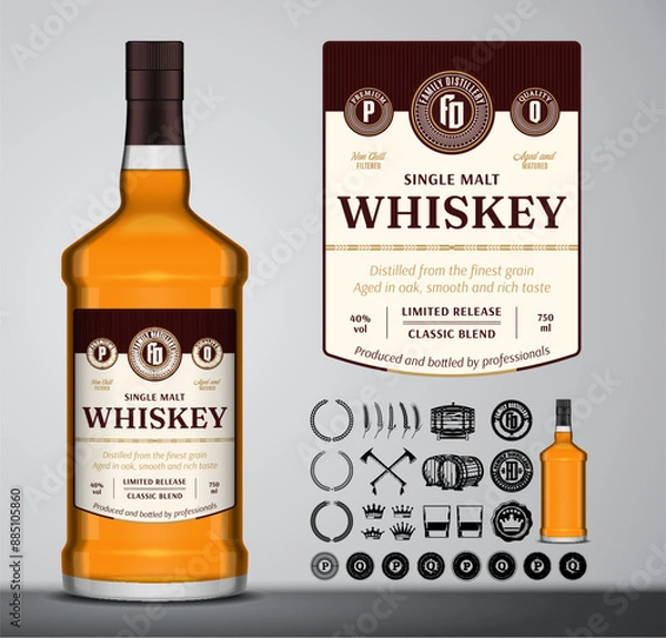 Fototapeta Vector whiskey label template. Whiskey glass bottle mockup. Distilling business branding and identity design elements