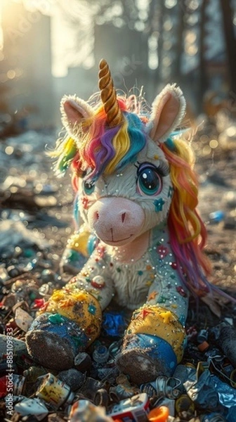 Fototapeta A colorful, dusty unicorn plush toy with a rainbow mane and glittering stars sits abandoned in a trash-strewn urban setting, evoking a sense of neglect and sadness.
