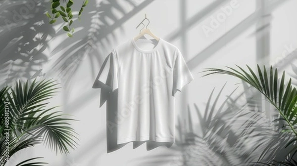 Fototapeta white t-shirt mock-up on a hanger , flat lay , on a darn white background , with plants nearby , aerial view