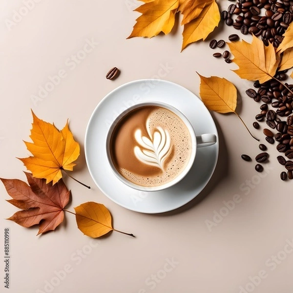 Obraz cup of coffee with autumn leaves and coffee beans