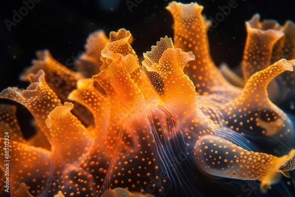 Fototapeta macro photograph of bioluminescent coral formations intricate porous structures glow with ethereal orange light against inky black background alienlike beauty highlights natures complexity