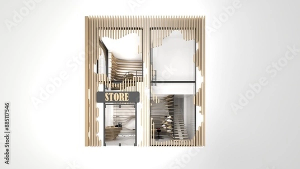 Obraz Store extrerior rendering with white background- Store with parametric wood facade and abstract fenestrations