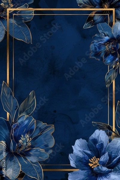 Obraz Elegant dark blue floral frame with gold geometric accents for invitation or background design