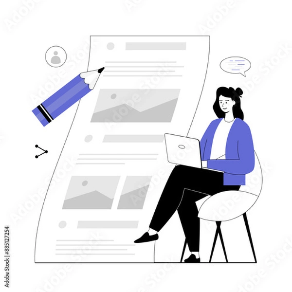 Fototapeta Copywriting, blogging, storytelling, content marketing strategy. Copywriter creating content for social media. Vector illustration with line people for web design.