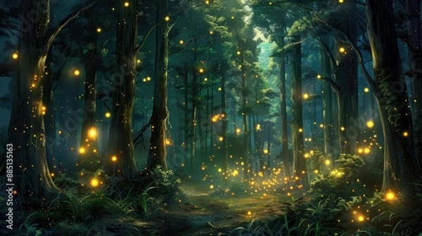 Fototapeta Enchanting anime forest with glowing fireflies at twilight, creating a magical atmosphere.