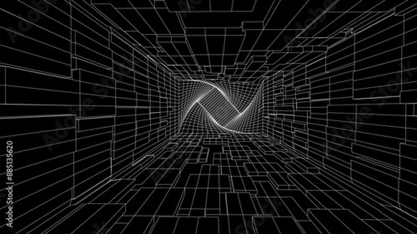 Obraz Futuristic damaged and distorted white box on the black background. Wireframe grid tunnel, network connection technology. Style portal pattern. Vector illustration.