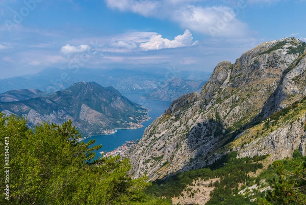 Fototapeta View of the Kotor Bay from a mountain Lovcen on a sunny day with a haze