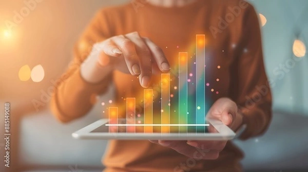 Fototapeta A woman using a tablet to analyze data and track progress with a colorful bar graph.