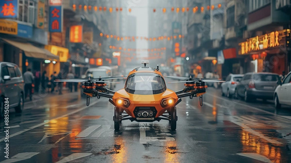 Fototapeta IoT-enabled fleet of delivery drones in an urban area, coordinating routes and schedules to enhance delivery efficiency.