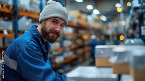 Fototapeta Happy employees working at a productive and well run factory floor. Generative AI.