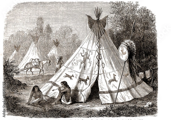 Fototapeta Daily life in Comanche Indian camp and wigwam