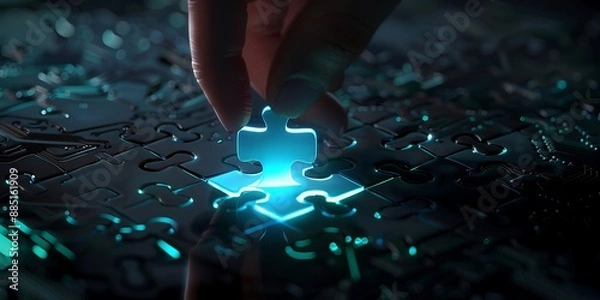 Fototapeta A digital hand holding an illuminated puzzle piece, symbolizing the integration of AI with human creativity and innovation in data analysis for marketing strategy development.