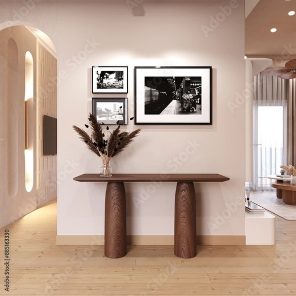 Obraz Brown wood sideboard in the hall with paintings on the wall. 3d illustration. 
