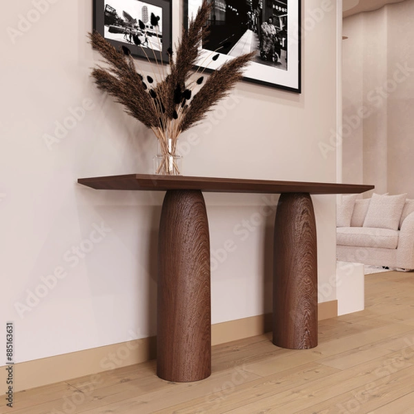 Obraz Brown wood sideboard in the hall with paintings on the wall. 3d illustration. 