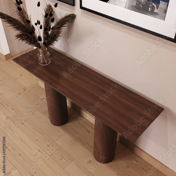 Obraz Brown wood sideboard in the hall with paintings on the wall. 3d illustration. 