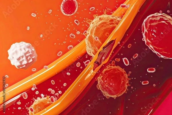Fototapeta A close-up view of red and white cells in the style of medical illustration
