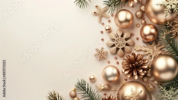 Fototapeta Merry Christmas and New Year. Christmas design. Fir branches, shiny gold balls, confetti and baubles. Christmas background. Festive composition