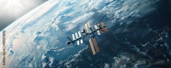 Fototapeta A satellite hovering above the earth's surface with a beam of light from the side