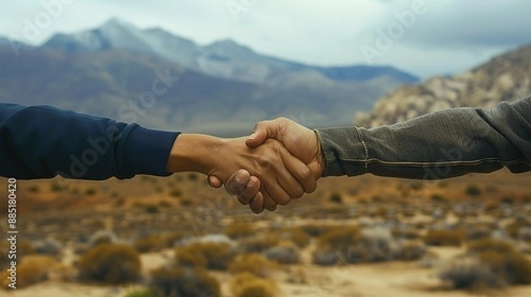 Fototapeta Two people shaking hands with mountains in the background