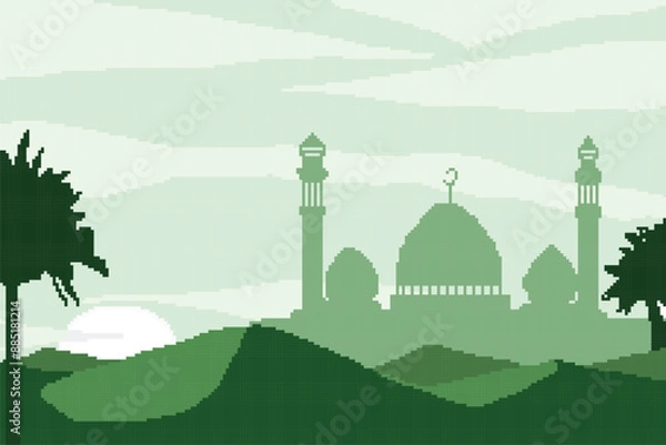 Fototapeta Pixel art themed on the month of Ramadan, a Muslim tradition. There is a mosque building in the middle of the green desert