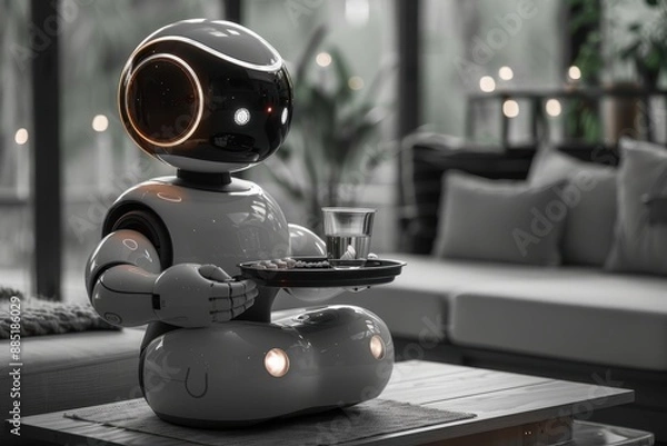 Fototapeta An elderly person assisted by a caregiving robot, which is offering a tray with medication and water in a cozy home environment.