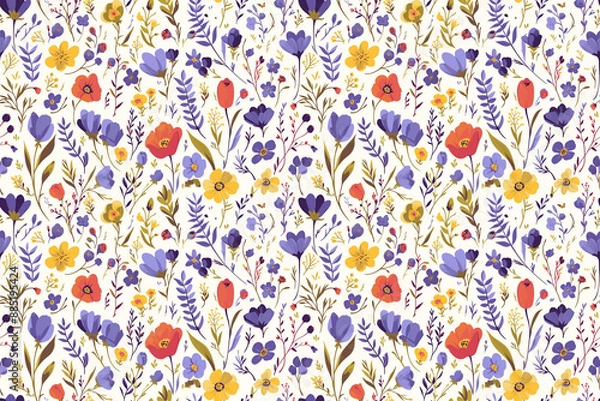 Fototapeta A seamless floral pattern featuring a variety of flowers and leaves in vibrant colors, creating a fresh and lively botanical design. Perfect for textiles and wallpapers.