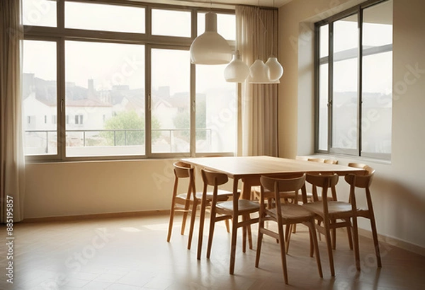 Fototapeta royecto: Creación de imágenes de interiores con IA. Objetivo: generar imágenes de una sala de estar con mesa de comedor, sillas, ventana y pared para mockup. Estilo: especificar (moderno, clásico, etc