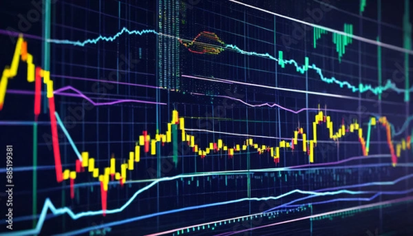 Fototapeta A dynamic background showing fluctuating graphs and charts representing the volatility and growth of various cryptocurrencies. Ideal for financial news and market an