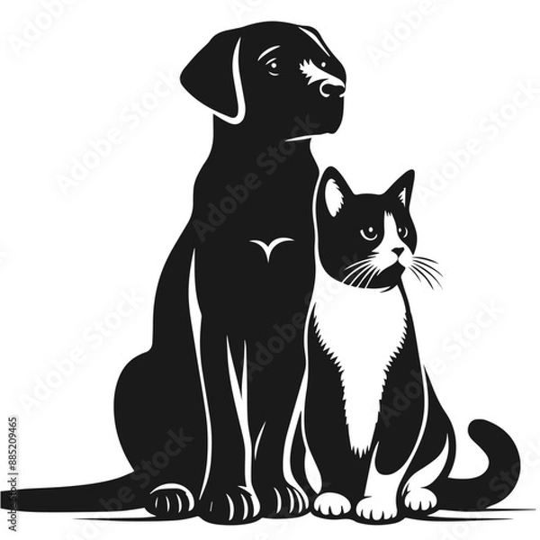 Fototapeta Cat and Dog black and white silhouette vector isolated on white background	