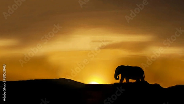Fototapeta Silhouette of a single elephant at sunset