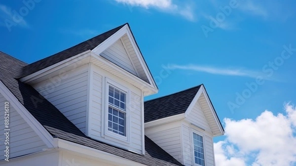 Fototapeta Close-up view of the upper part of a house with double-pitched roof, black shingles, white siding, and double-hung windows, under a bright blue sky.