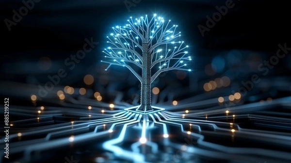 Fototapeta Abstract design of a digital tree with circuit patterns, symbolizing growth, sustainability, and technological evolution in business. Illustration, Image, , Minimalism,