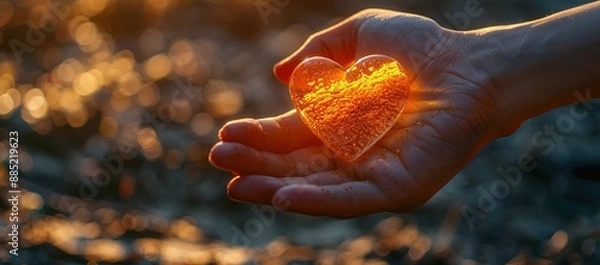 Obraz a hand carrying a heart-shaped burning yellow lamp with a blur effect background