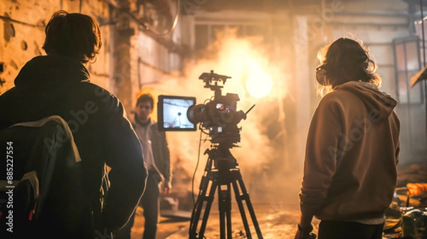 Fototapeta Crew filming a scene with a professional camera in a studio with atmospheric lighting and smoke effects.