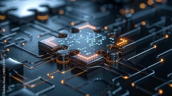 Obraz Abstract representation of a digital puzzle with interconnected pieces, symbolizing integration, compatibility, and system connectivity. High Resolution picture, , Minimalism,