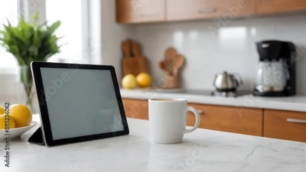Fototapeta  a yellow cup on top of a counter beside an ipad,